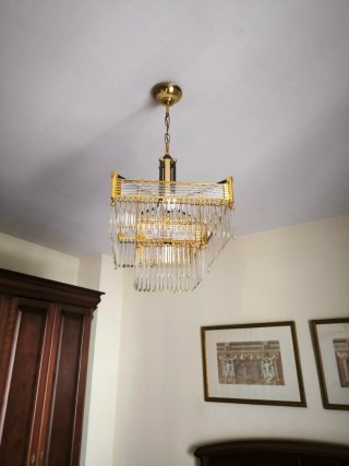 Lámpara colgante cristal y metal dorado. Vintage