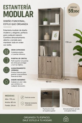 Estantería modular madera y cristal