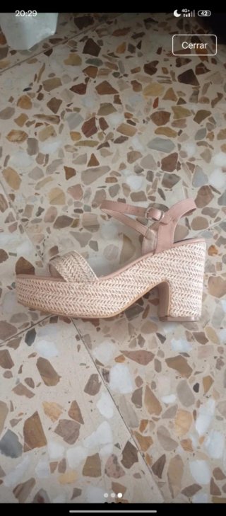 Sandalias de esparto tacón beige/rosa