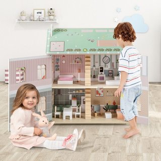 Casa de muñecas de madera para niños con techos a