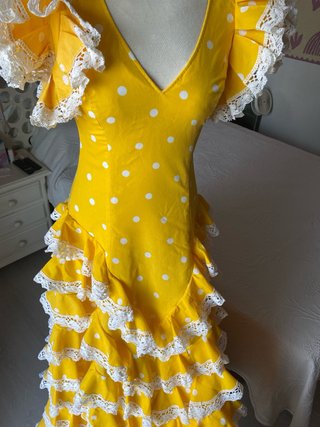 Vestido Flamenco Amarillo Lunares Blanco