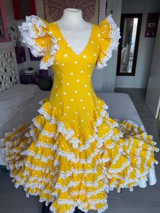 Vestido Flamenco Amarillo Lunares Blanco