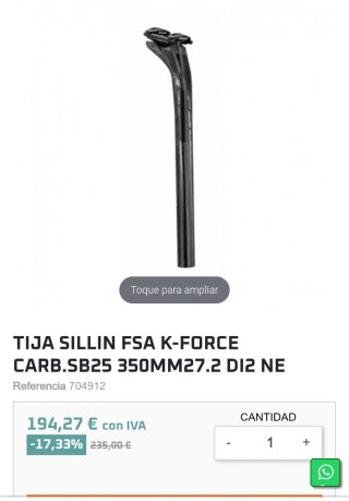 Tija nueva sillín FSA K-Force SB25 Carbono