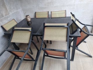 Mesa terraza cristal y metal. Extensible.