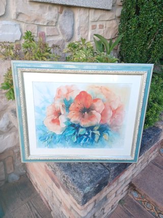 Cuadro floral acuarela con marco azul
