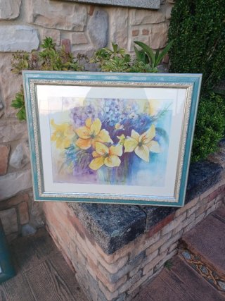 Cuadro floral acuarela marco teal