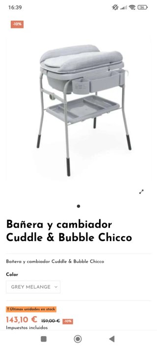 Cambiador - bañera de bebé Chicco,color  gris