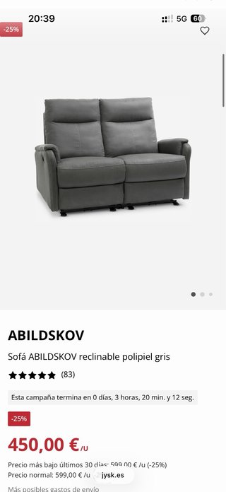 Sofá reclinable eléctrico polipiel gris