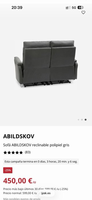 Sofá reclinable eléctrico polipiel gris
