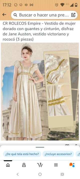 Vestido dorado Jane Austen (3 piezas)