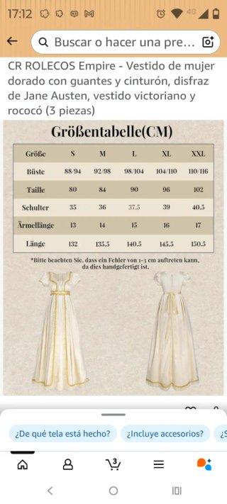 Vestido dorado Jane Austen (3 piezas)