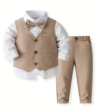 Traje de vestir para niño beige y blanco