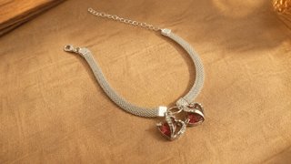 Tobillera Corazones Rojos Ajustable Plateada