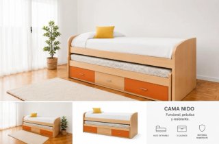 Cama nido con cajones madera y naranja
