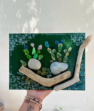 Quadro decorativo con vetro, sassi e legno