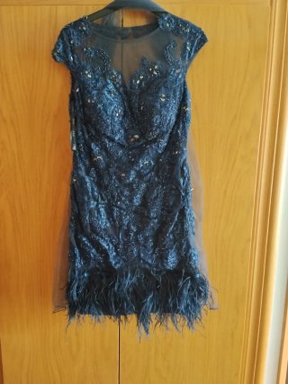 Vestido de fiesta azul con plumas