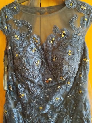 Vestido de fiesta azul con plumas