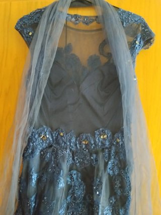 Vestido de fiesta azul con plumas