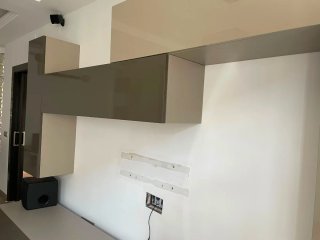 Mueble de salón modular beige y gris