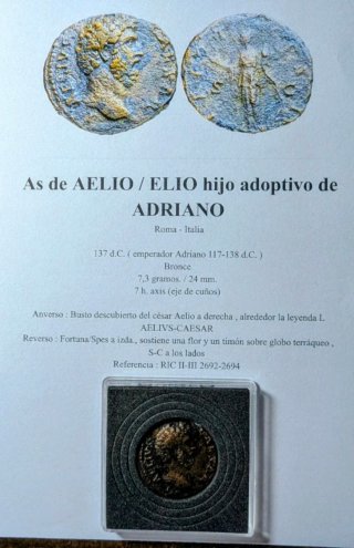 Moneda romana Aelio 137 d.C.