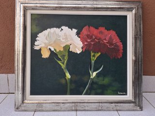 Cuadro al óleo flores rojas y blancas.