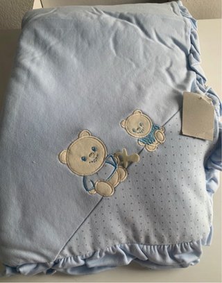 Manta bebé bege/azul com ursinhos