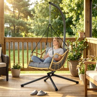 Poltrona sospesa in rattan con supporto e cuscino