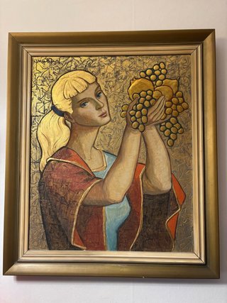 Cuadro mujer con frutas doradas