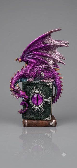 Figura Dragón Morado sobre Grimorio Mágico