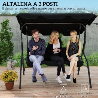 Dondolo 3 Posti con Tettuccio Regolabile e Cuscini