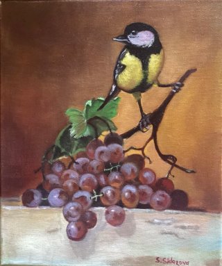 Cuadro al óleo Pájaro y Uvas