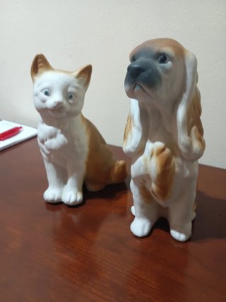 Coppia Vintage di Gatti e Cani in Ceramica