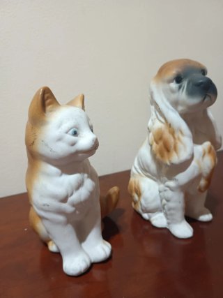 Coppia Vintage di Gatti e Cani in Ceramica