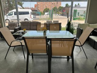 Mesa y 6 Sillas Exterior Cristal y Metal