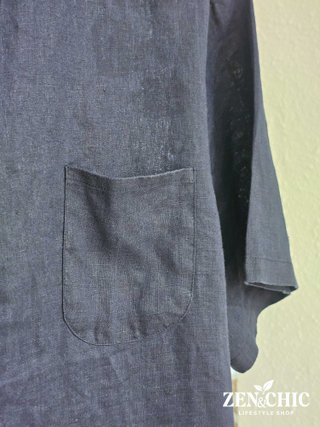 Camisa Hombre Cuello Mao Azul Marino Manga Corta