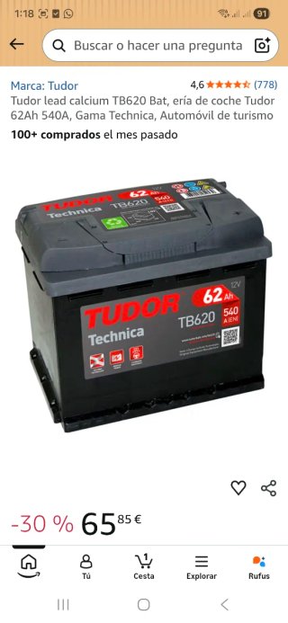 Batería Tudor 12V 62Ah 540A
