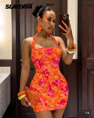 Vestido SLAYDIVA floral naranja y rosa