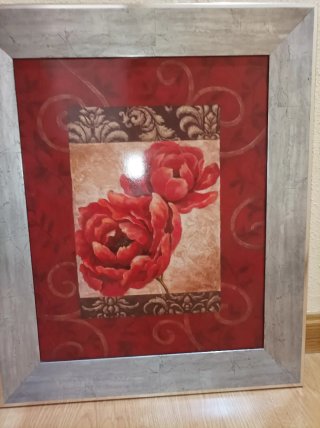 Pareja cuadros flores rojas y marco plateado