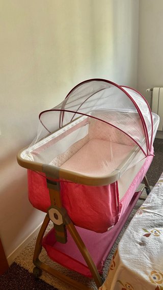 Cuna de bebé rosa con mosquitera
