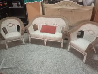 Set di 3 poltrone in rattan beige e bianco