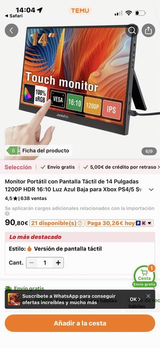 Monitor Portátil Táctil ANMITE 14 1200P