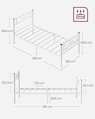 VASAGLE Struttura Letto, Struttura Letto in Metallo per Materasso 90x190, Letto per Ospiti, Montaggio Semplice, per Piccole Camere, Bianco RMB061W01