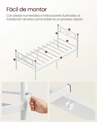 VASAGLE Struttura Letto, Struttura Letto in Metallo per Materasso 90x190, Letto per Ospiti, Montaggio Semplice, per Piccole Camere, Bianco RMB061W01