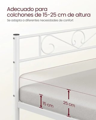VASAGLE Struttura Letto, Struttura Letto in Metallo per Materasso 90x190, Letto per Ospiti, Montaggio Semplice, per Piccole Camere, Bianco RMB061W01