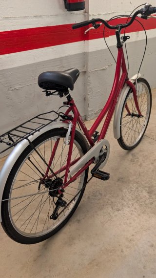 En TORROX, bicicleta roja con portabultos.