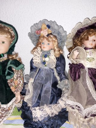 Collezione di 3 Bambole in Porcellana Vintage