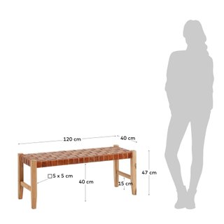 Banco Calixta de piel y madera maciza de teca con acabado natural 120 cm