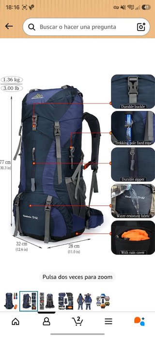 Mochila de viaje 70L azul y gris