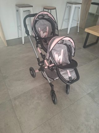 Carrito de muñecas gemelar gris y rosa