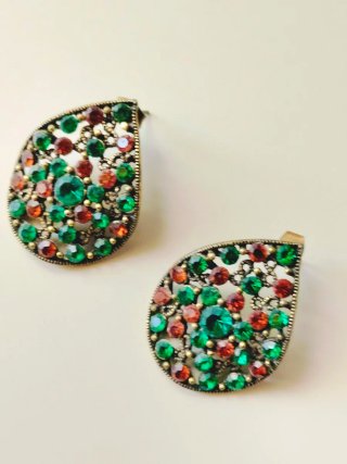 Pendientes Vintage Lágrima Cristales Verdes y Rojo